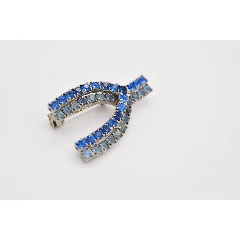 Vintage Wishbone Pin Brooch Blue Rhinestone Crystal Silver Tone Prong 80s BinAT